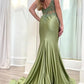 Spaghetti Straps V Neck Green Mermaid Long Prom Dress With Applique        fg5302