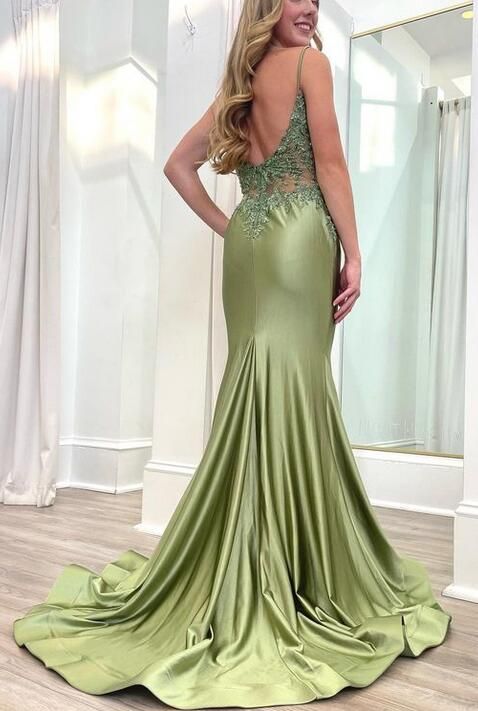 Spaghetti Straps V Neck Green Mermaid Long Prom Dress With Applique        fg5302