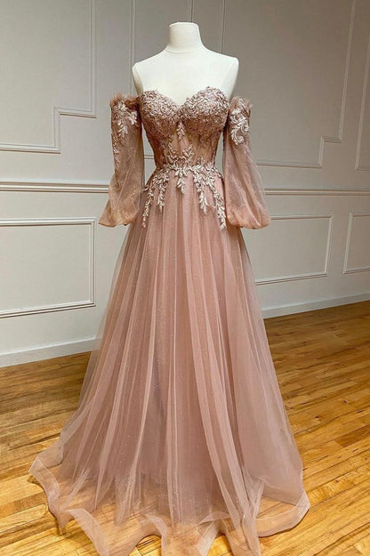 A-Line Tulle Lace Long Prom Dresses, Off the Shoulder Lace Formal Dresses      fg4471