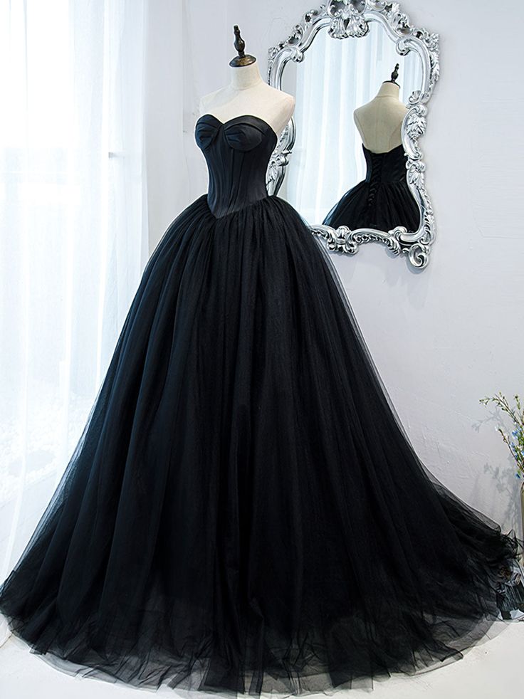 Black Sweetheart Neck Tulle Long Prom Dress, Black Formal Evening Dress      fg5446