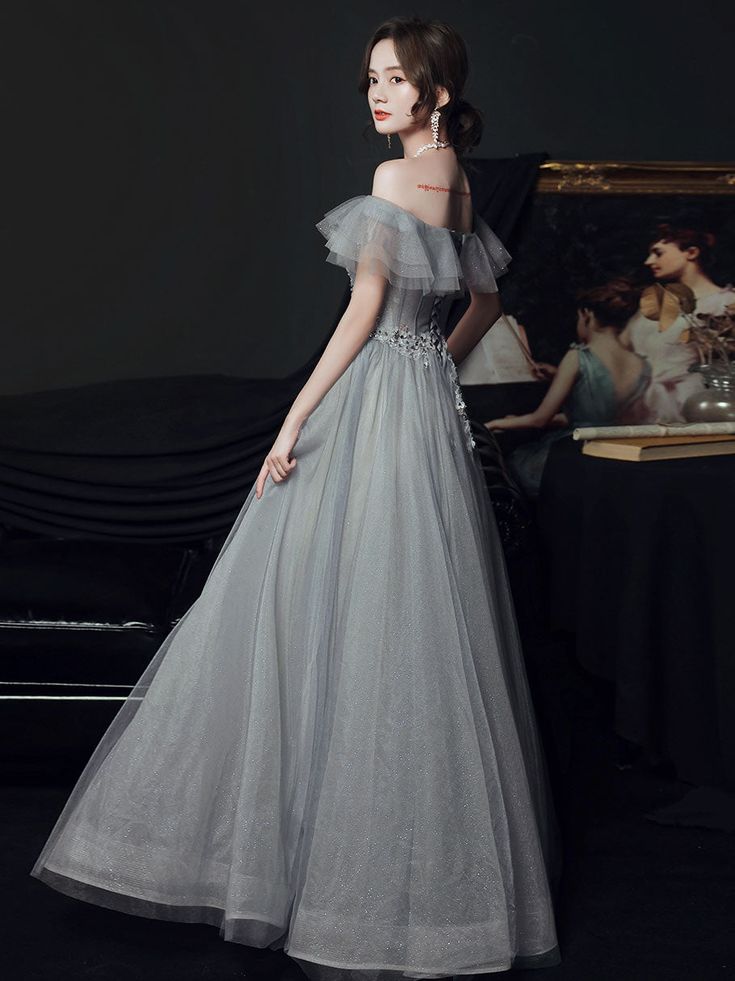 gray tulle off shoulder long prom dress, gray tulle formal dress    fg4459