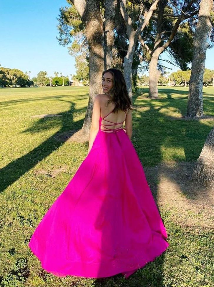 Chic Fuchsia A-line Spaghetti Straps Long Prom Dresses    fg4773