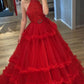 Unique tulle lace long prom dress, Burgundy tulle evening dress       fg4419