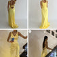 Simple Straps Yellow Backless Long Prom Dress     fg5318