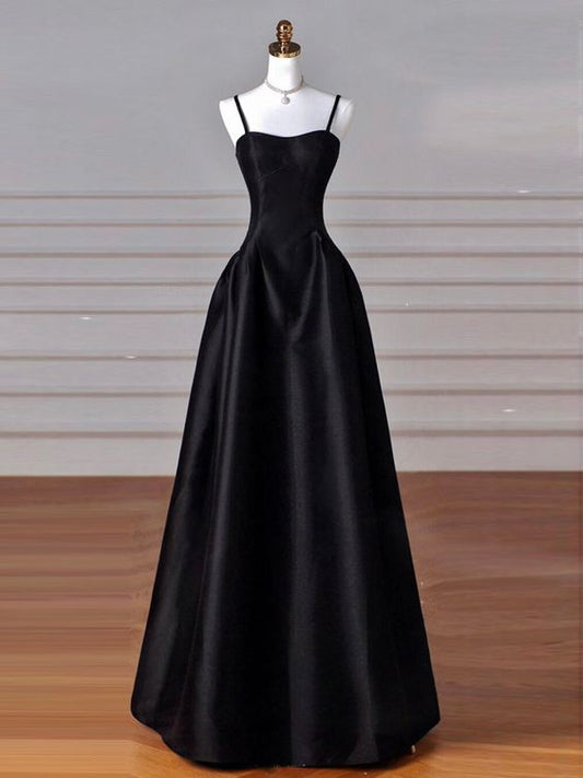 A-Line Sweetheart Neck Satin Black Long Prom Dress, Black Long Formal Dress    fg5014
