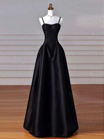 A-Line Sweetheart Neck Satin Black Long Prom Dress, Black Long Formal Dress    fg5014