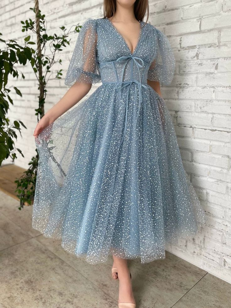 A line Tea Length Gray Blue Prom Dress, Gray Blue Formal Wedding Party Dress     fg5298