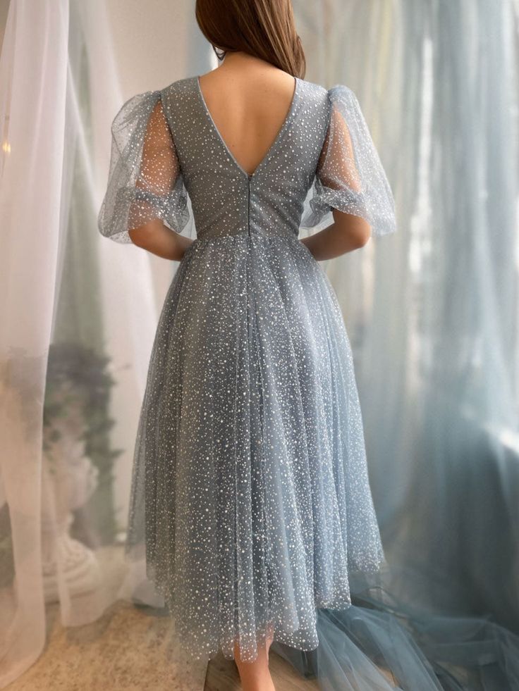 A line Tea Length Gray Blue Prom Dress, Gray Blue Formal Wedding Party Dress     fg5298