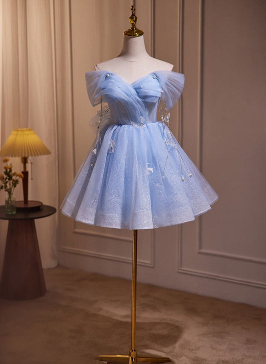 A-line Blue Short Off Shoulder Knee Length Homecoming Dress, Blue Short Prom Dress      fg5023