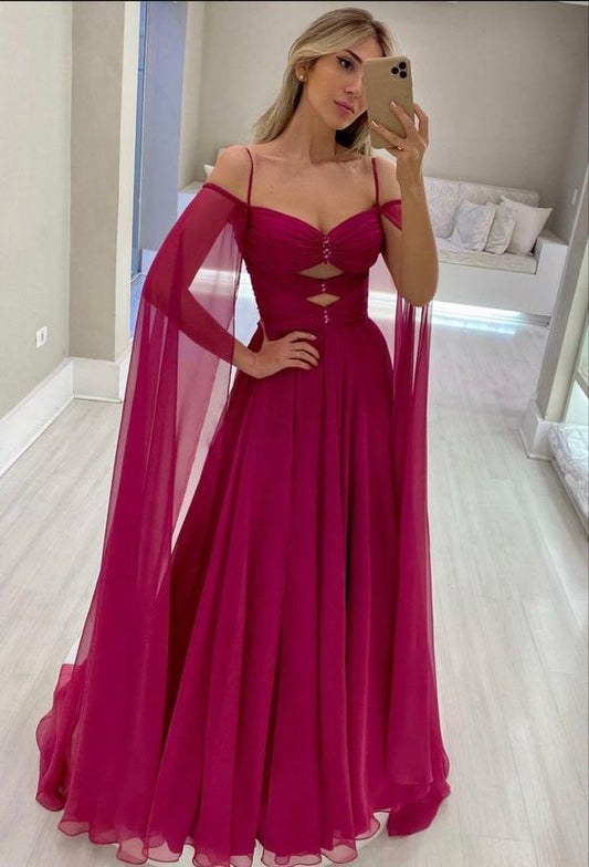 Simple Prom Dresses Off Shoulder Cape Sleeves V-neck Formal Prom Party Gowns     fg4452