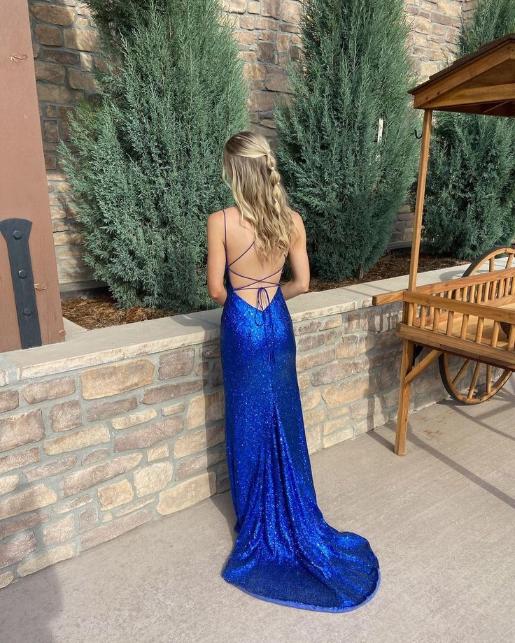 Cute Mermaid Scoop Neck Royal Blue Sequins Long Prom Dresses with Slit      fg4235