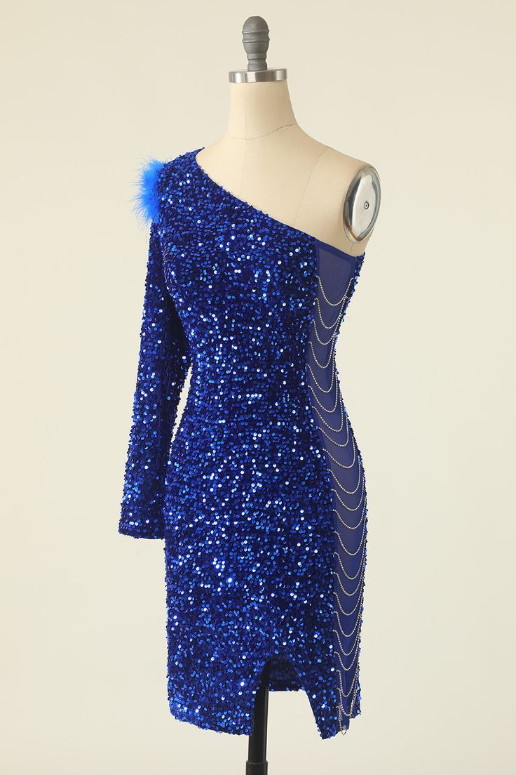 One Shoulder Sequined Cocktail Dress With Feathers      fg3845