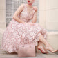 A-Line Pink Lace Tea Length Sleeveless Homecoming Dress     fg3563