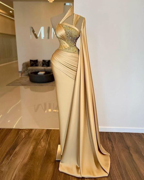 Gold Sparkle Crystals Sequins Beading Evening Dresses Arabic Aso Ebi Unique One Shoulder With Wrap Prom Party Gowns       fg4157