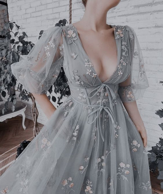 A Line V Neck Gray Tulle Prom Dress,  Evening Dress      fg3998