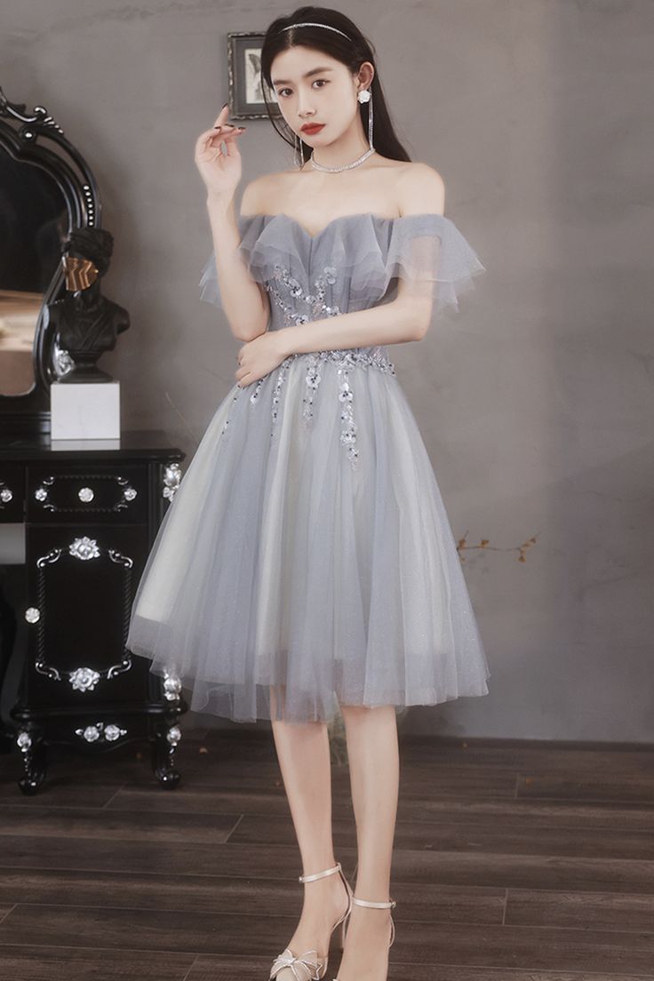 Gray tulle beads short prom dress party dress      fg3825