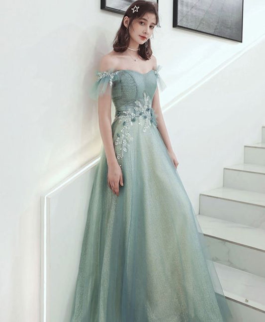 Green Tulle Lace Long Prom Dress, Green Tulle Formal Dress        fg4189