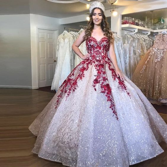 Quinceanera Dresses Appliqued Sequins Sweetheart Tulle Floor Length Sweet 16 Dresses Vestidos De Ball Gown Prom Dress     fg4170