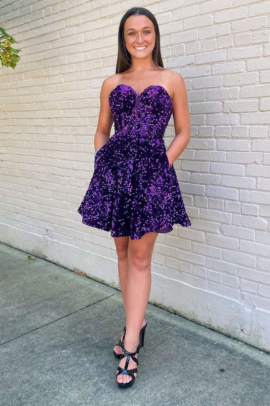 Purple Sequin Sweetheart A-Line Short Homecoming Dress with Pockets       fg3614