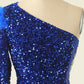 One Shoulder Sequined Cocktail Dress With Feathers      fg3845