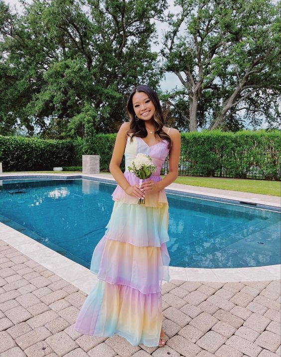 Maxi Dress Rainbow Chiffon long prom dresses, evening dresses,party dresses, formal dress      fg3395