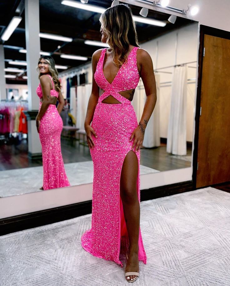 Charming Glitter Mermaid V Neck Hot Pink Sequins Prom Dresses with Slit         fg4298