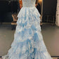 Light Blue Lace Sweetheart Tiered Long Prom Dress with Slit       fg4197