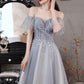 Gray tulle beads short prom dress party dress      fg3825