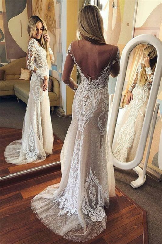 Sexy Tulle Lace Long Sleeve Open Back Wedding Dresses      fg3603