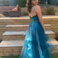 A-line Spaghetti Straps V Neck Tulle Lace Long Prom Dress Formal Dress     fg4302