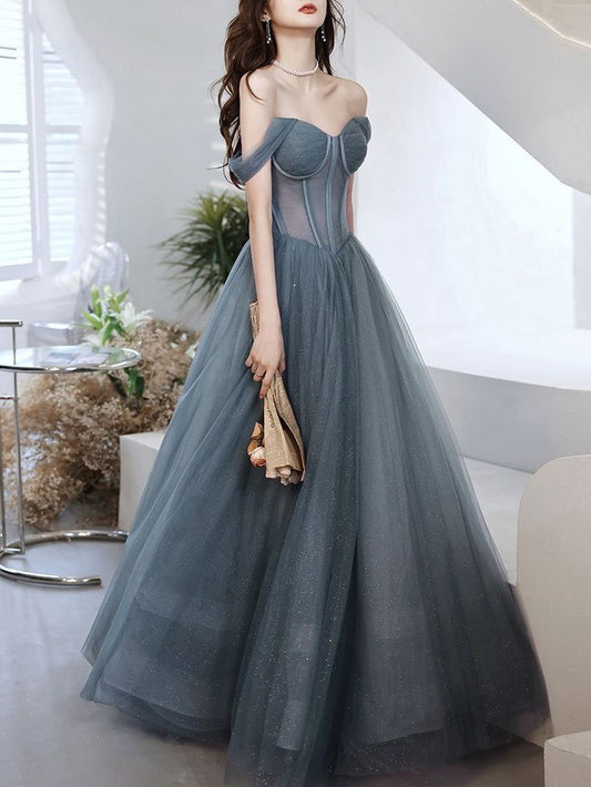 A Line Sweetheart Neck Gray Tulle Long Prom Dress,  Evening Dress      fg3986