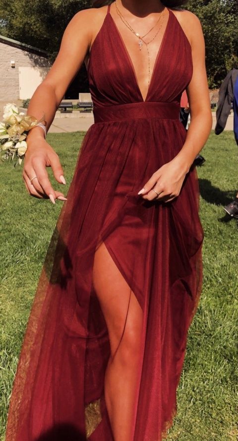 A-Line Prom Dresses Burgundy Tulle Backless Party Evening Dress    fg4231