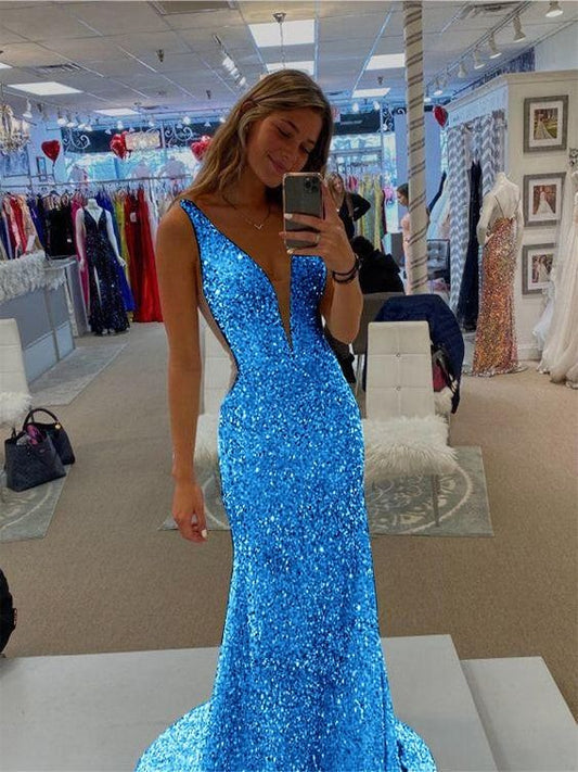 blue long evening dress mermaid prom gown     fg4163