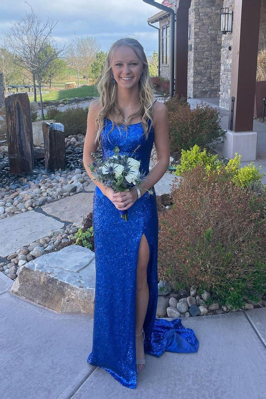 Cute Mermaid Scoop Neck Royal Blue Sequins Long Prom Dresses with Slit      fg4235
