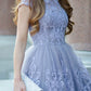 A-Line Blue Lace Tea Length Bridesmaid Dress Homecoming Dress     fg3564