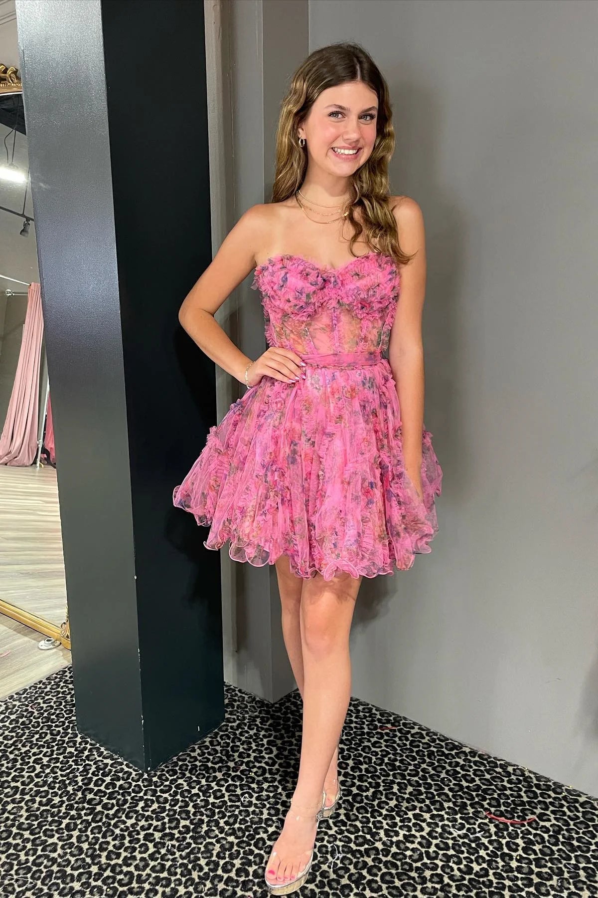 Hot Pink Strapless Ruffles A-line Homecoming Dress      fg3589