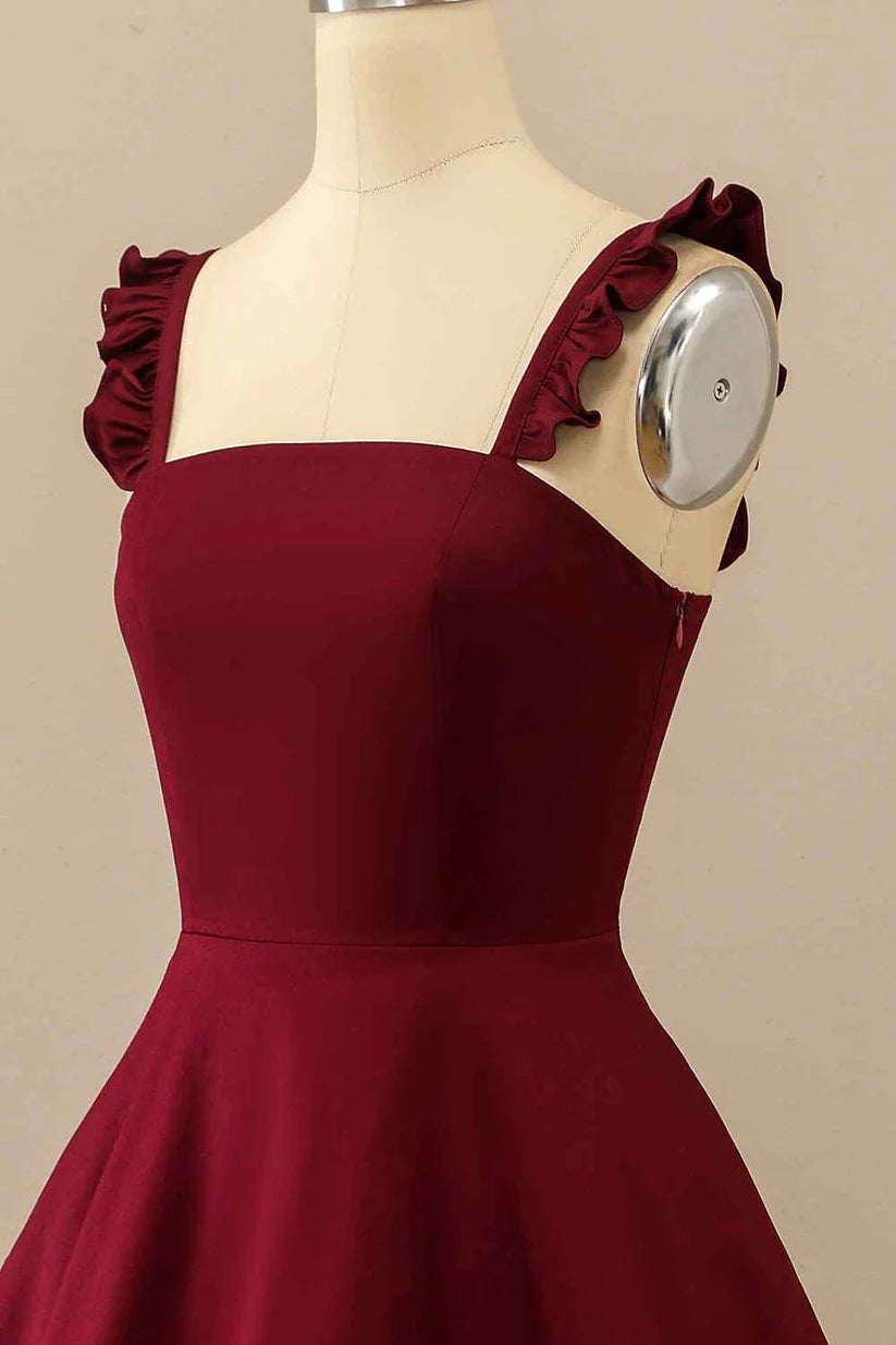 Burgundy A-line Ruffle Straps Satin Mini Homecoming Dress       fg3452