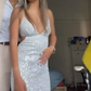 Sexy Spaghetti Straps Sleeveless White Sequin Prom Dress    fg4888