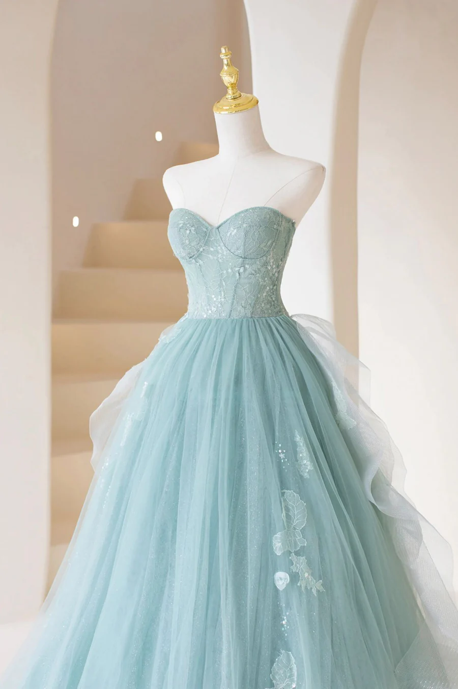 Cute Tulle Strapless Long Prom Dress, A-Line Lace Formal Evening Dress       fg5441