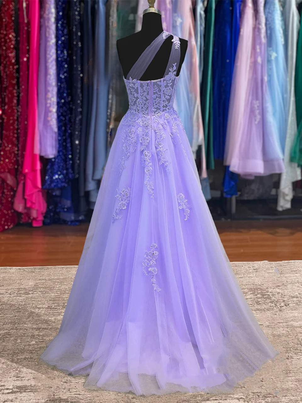 Purple Tulle One Shoulder Appliques Prom Dress      fg5402