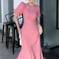 Classy Pink Puff Sleeves Mid-length Prom Dress,Pink Evening Dress    fg4680