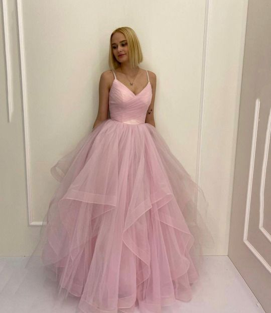 A Line V Neck Pink Tulle Long Prom Dresses, A Line V Neck Pink Tulle Long Formal Evening Dresses      fg4139