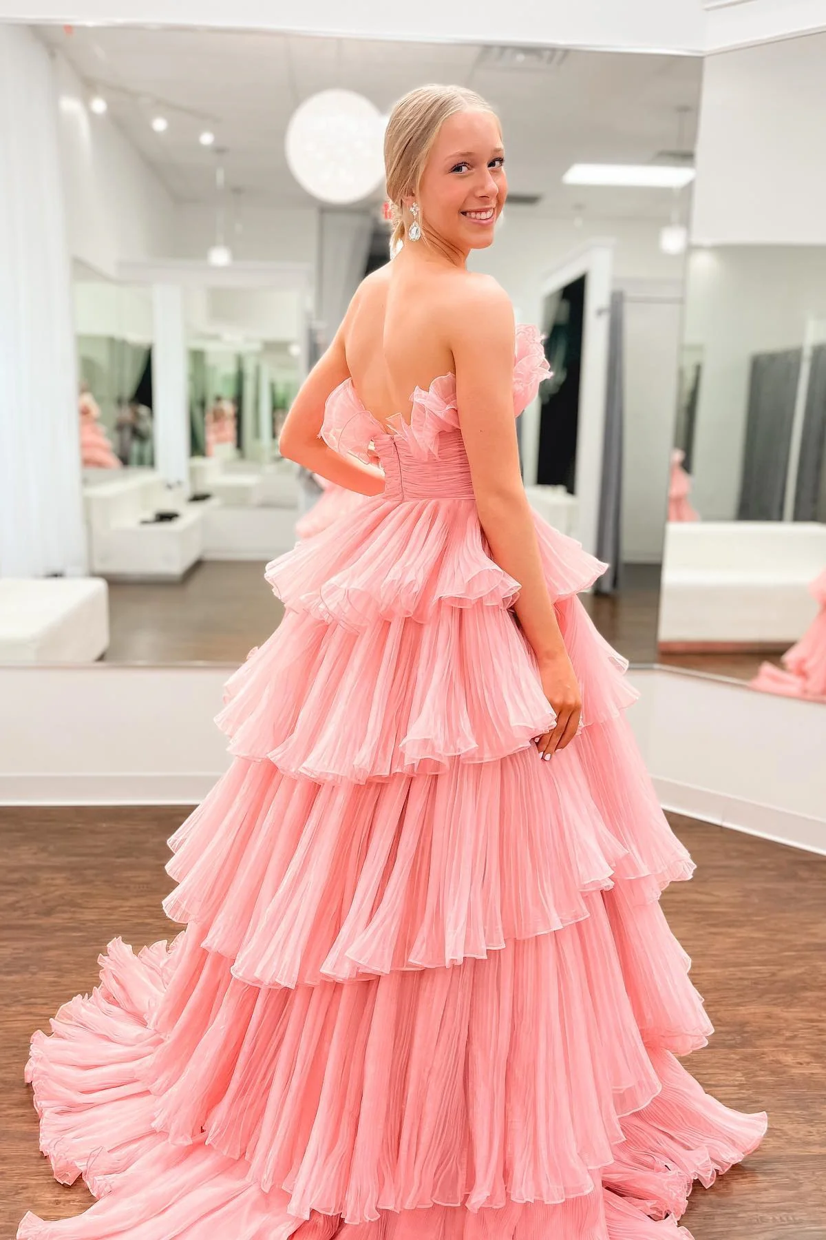 A-line Off-the-Shoulder Pink Ruffle Layers Tulle Long Prom Dress     fg3628