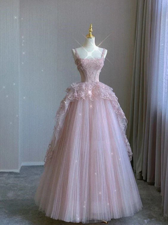 Modest Ball Gown Straps Pink Tulle Prom Dresses 22th Birthday Outfit       fg5439