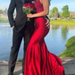 Charming Mermaid V Neck Red Satin Long Prom Dresses with Beading       fg4548