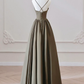 A-Line V Neck Satin Olive Green Long Prom Dress, Olive Green Long Formal Dress      fg4938