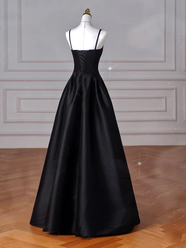 A-Line Sweetheart Neck Satin Black Long Prom Dress, Black Long Formal Dress    fg5014