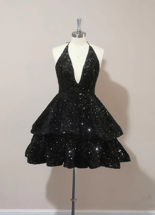 Sparkly Halter Sequin Cocktail Dresses Black Short Prom Dresses     fg3629