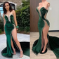 Hunter Green Velvet Prom Dresses African aso ebi Mermiad Evening Dress With Cape Slit Spaghetti Sparkly Beaded    fg2901