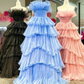 A-line Off-the-Shoulder Pink Ruffle Layers Tulle Long Prom Dress     fg3628